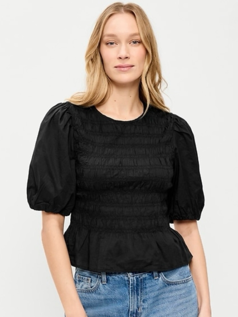 Black Puff Sleeve Peplum Smocked Top